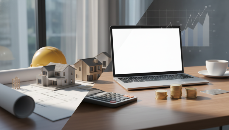 Nowoczesne wnętrze domu w stanie deweloperskim przygotowane do prac wykończeniowych z planami budżetowymi na stole.