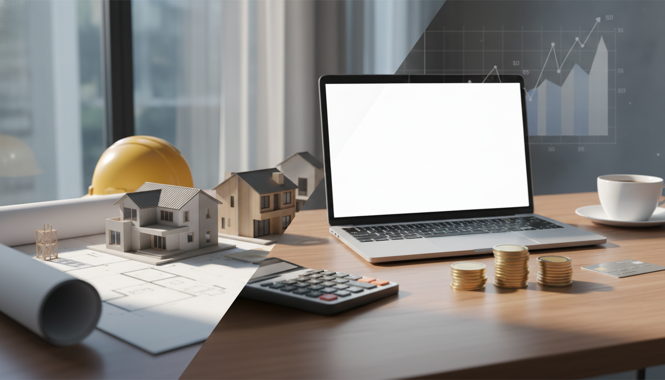 Nowoczesne wnętrze domu w stanie deweloperskim przygotowane do prac wykończeniowych z planami budżetowymi na stole.